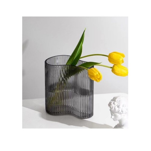 Διακοσμητικό Βάζο Γυάλινο Γκρι Με Ανάγλυφη Επιφάνεια ‘‘Premium Line’’ h21x18.7x10.7cm Lalos Dream House 4018